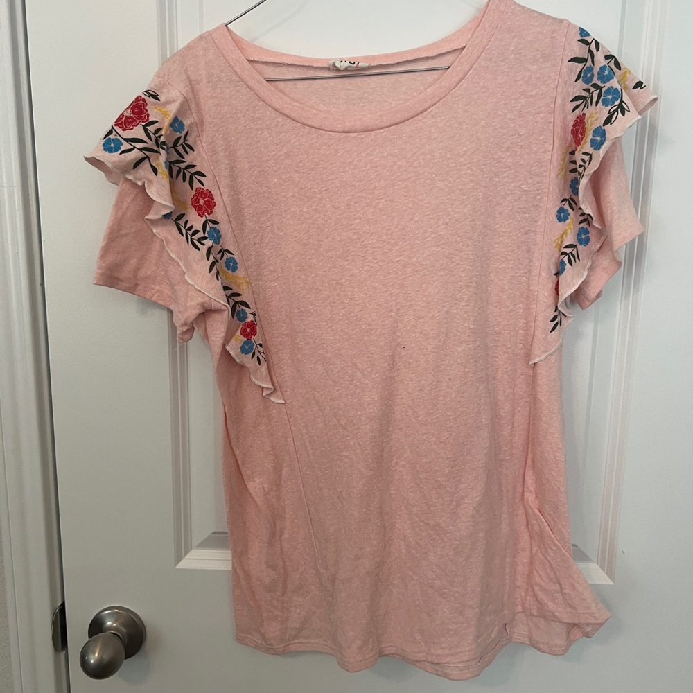 BiBi Light Pink Floral Embroidered Short Sleeve Top